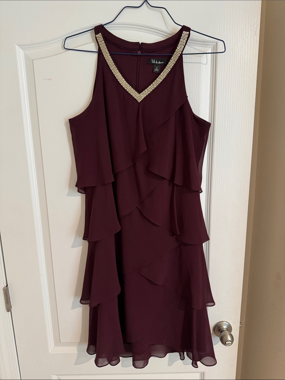 SL Fashions Wine Ruffle Tiered Dress with Beaded V-Neck
